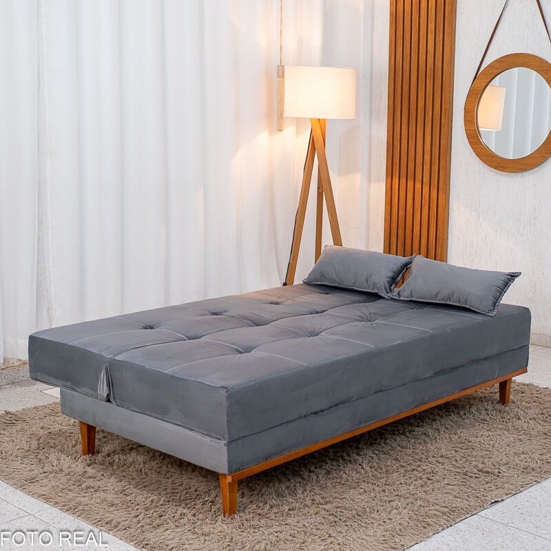 Sofá Cama Madrid Veludo Cinza 2303 Larg. 1.80m - Molas Bonnel - Imagem 5