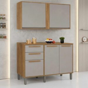 Balcão Flórida cinamomo/Off 3 Portas 2 Gavetas + Aéreo Cozinha Pérola Cinamomo/Off 2 Portas Larg. 1.20m - Sallêto