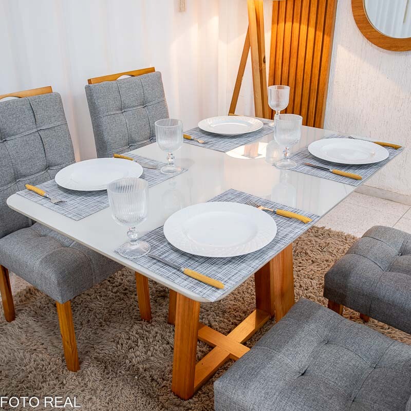 Mesa de Jantar Bali 120×80 Vidro Off/Base Madeira + 4 Cad. Londres Linho Cinza Madeira Minas Plac - Entregue Montada - Imagem 3