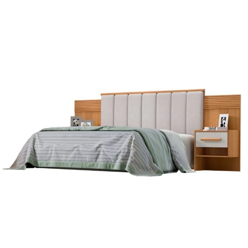 Cabeceira Queen Íris Larg. 1.60m Acolchoada Linho Bege e Detalhe Ripado Cinamomo/Off D Doro