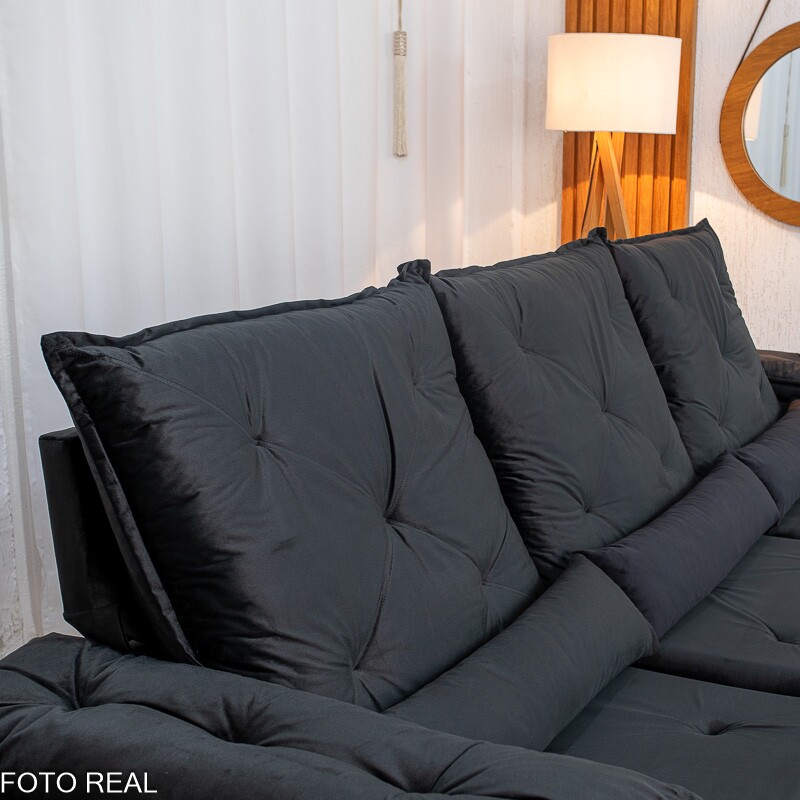 Sofá Retrátil Reclinável City 2.70m Veludo Preto - Sem Caixa - Imagem 8