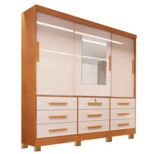 Guarda-roupa Casal Athenas Nature/Off 3 Portas 9 Gavetas C/ Espelho e Pés 100% MDF Larg. 1.80m - Bianchi