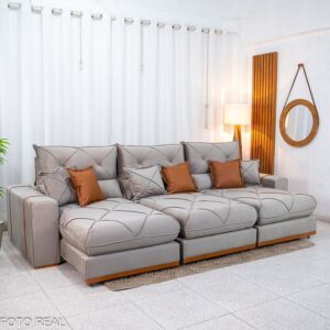 Sofá Retrátil Reclinável Gran Bello 3.20m Veludo Capuccino - Molas Ensacadas