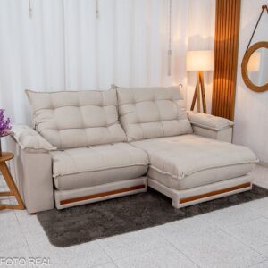 Sofá Retrátil Reclinável Barcelona 2.50m Linho Bege 459 - D33 e Molas Ensacadas