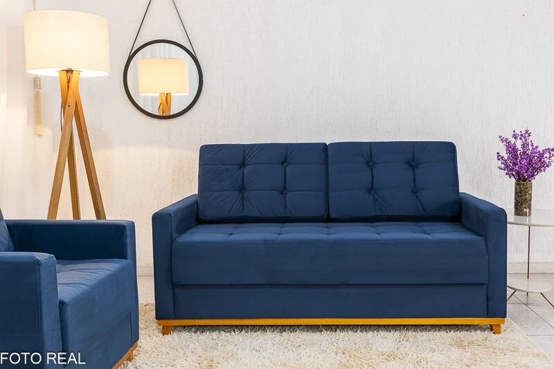 Sofá Áustria 3 Lugares + Poltrona Áustria Veludo Azul A16 - Imagem 4