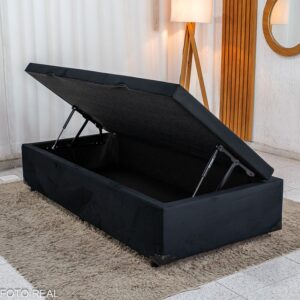 Base Box Baú Solteiro Prime Confort 88x188x45 Sued Preto Blindado - Issacar