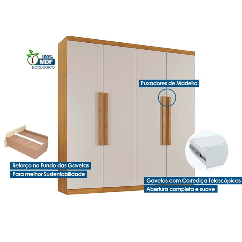 Guarda-roupa Império Nature/Off 4 Portas 3 Gavetas Larg. 1.80m 100% MDF Rufato - Oferta - Imagem 5