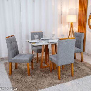 Mesa de Jantar Bali 120×80 Vidro Off/Base Madeira + 4 Cad. Londres Linho Cinza Madeira Minas Plac - Entregue Montada