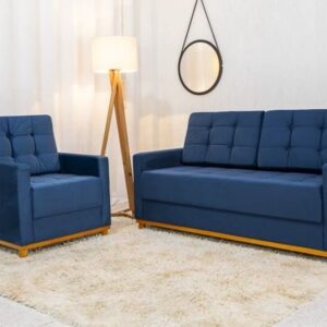 Sofá Áustria 3 Lugares + Poltrona Áustria Veludo Azul A16