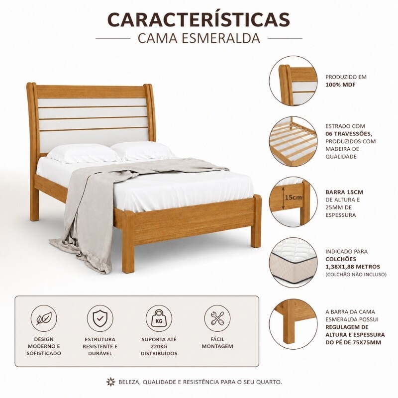 Cama Casal Esmeralda Plus Larg. 1.50m Cinamomo/Off - D Doro - Imagem 5