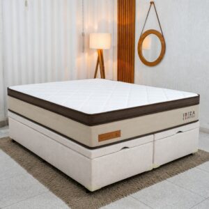 Colchão Queen Ibiza Molas Ensacadas - Bianchi + Base Box Baú Queen Bipartido Prime Confort Linhão Palha Blindado - Issacar 158x198x78 | Suporta até 400kg