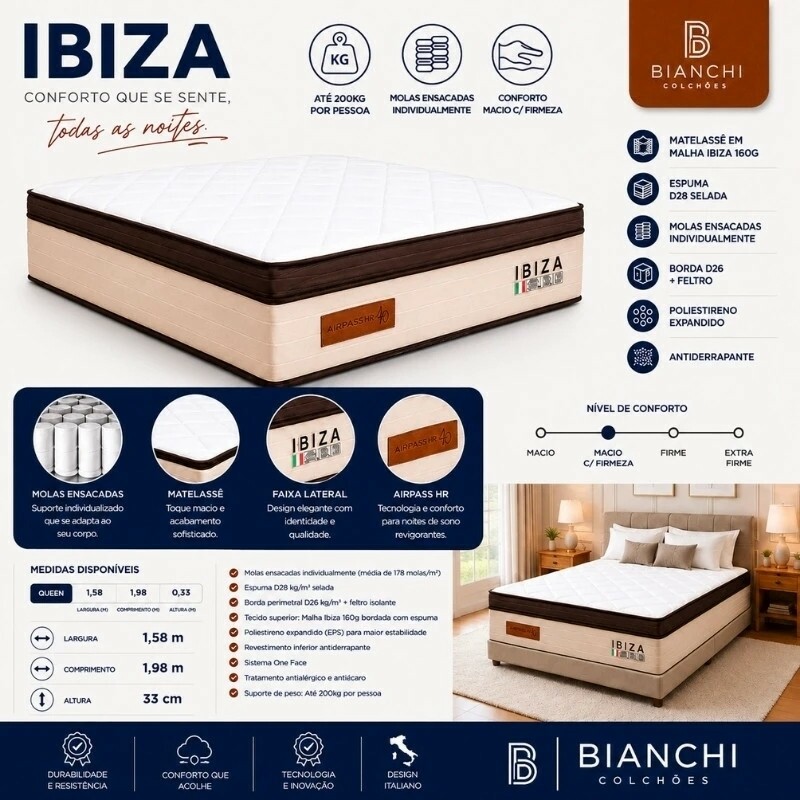 Colchão Queen Ibiza Molas Ensacadas - Bianchi + Base Box Baú Queen Bipartido Prime Confort Linhão Palha Blindado - Issacar 158x198x78 | Suporta até 400kg - Imagem 12