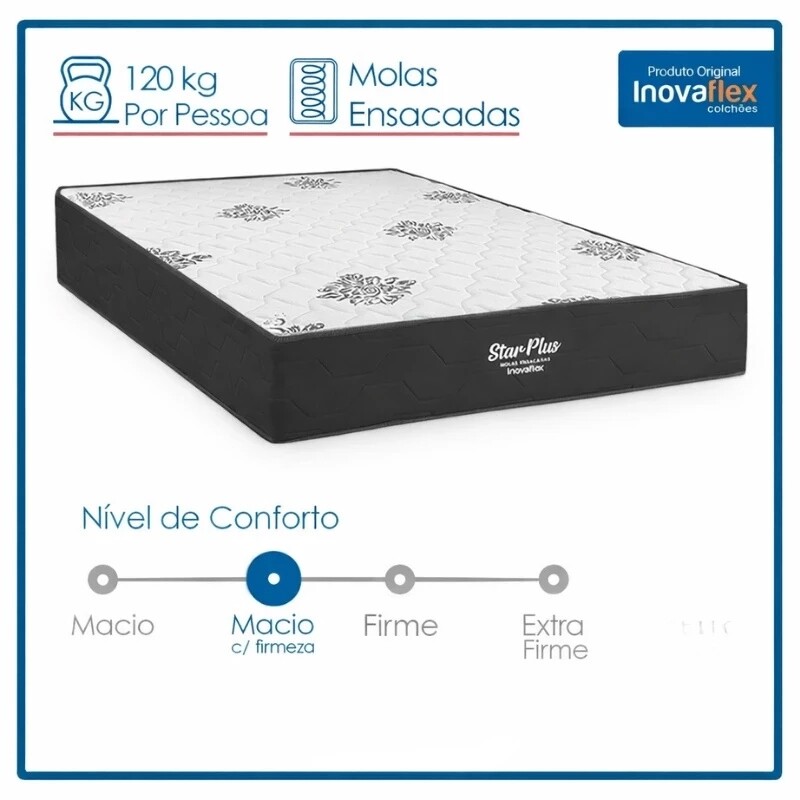 Colchão Queen Star Plus Molas Ensacadas Pocket - Inovaflex + Base Box Baú Queen Bipartido Prime Confort Linhão Petróleo Blindado - Issacar 158x198x70 | Suporta até 240kg - Imagem 12
