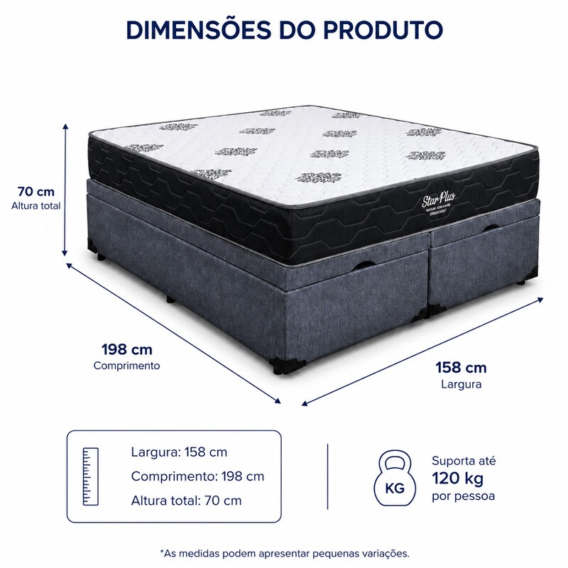 Colchão Queen Star Plus Molas Ensacadas Pocket - Inovaflex + Base Box Baú Queen Bipartido Prime Confort Linhão Petróleo Blindado - Issacar 158x198x70 | Suporta até 240kg - Imagem 9