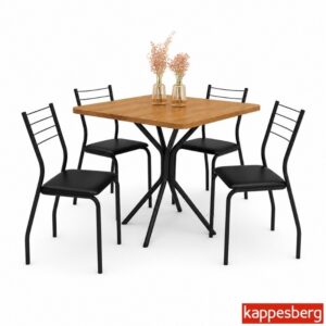 Mesa de Cozinha Creta Tampo Madeira 90x90 Canela com Base Creta Preto Fosco + 4 Cadeiras Malta Preto Fosco com Assento em Korino Preto - Kappesberg