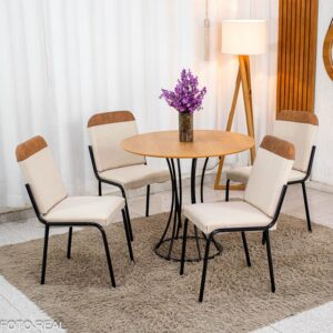 Conjunto Mesa Malta Redonda 90x90 Naturale Base Ônix Preto Fosco + 4 Cadeiras Malta Bege - Tubo Minas