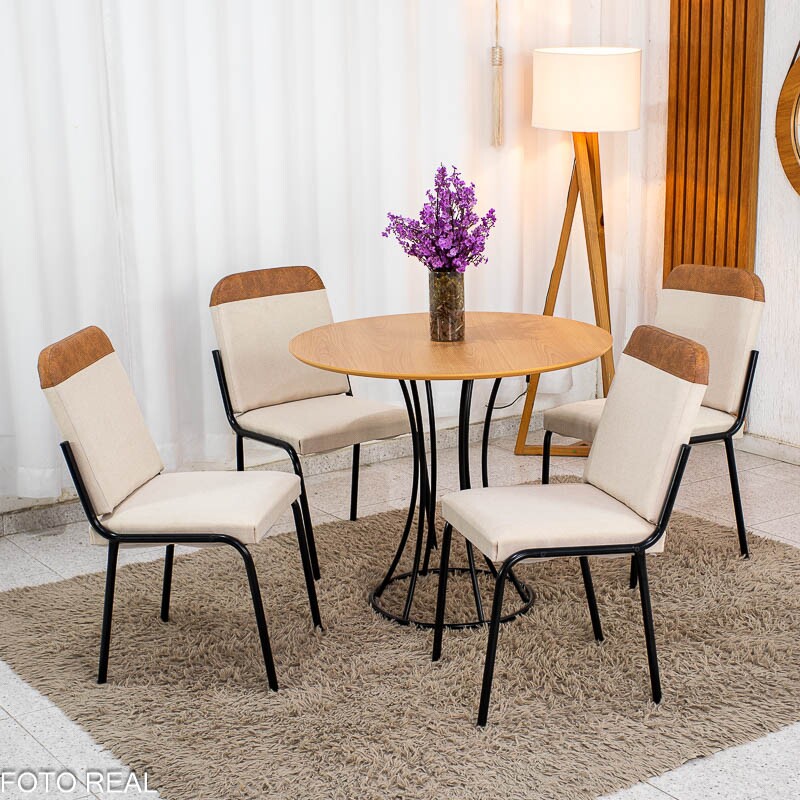 Conjunto Mesa Malta Redonda 90x90 Naturale Base Ônix Preto Fosco + 4 Cadeiras Malta Bege - Tubo Minas