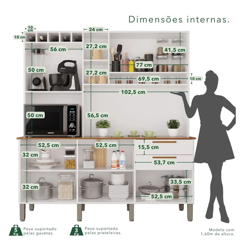 Armário Cozinha New Topázio Branco/Cinamomo 6 Portas 2 Gavetas Larg. 1.65m - Sallêto - Imagem 4