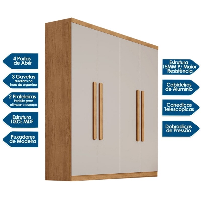 Guarda-roupa Império Nature/Off 4 Portas 3 Gavetas Larg. 1.80m 100% MDF Rufato - Oferta - Imagem 4