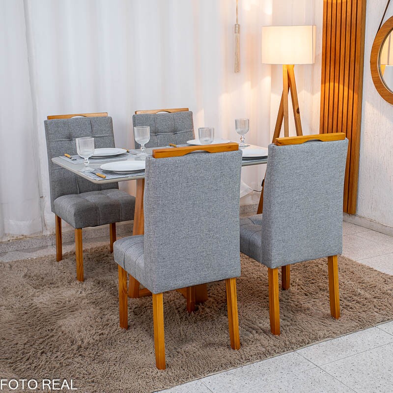 Mesa de Jantar Bali 120×80 Vidro Off/Base Madeira + 4 Cad. Londres Linho Cinza Madeira Minas Plac - Entregue Montada - Imagem 4