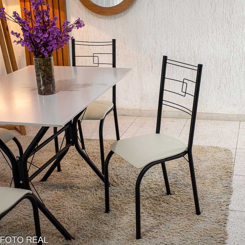 Mesa Paraty Base Cabo Frio Preto Tampo Pedra Off 120x75 4 Cadeiras Paraty Assento Creme - Teixeira - Imagem 4