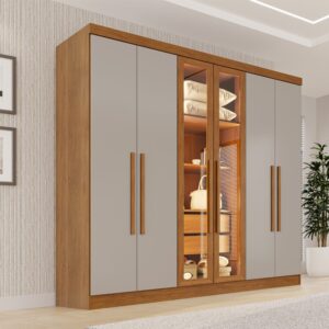 Guarda-roupa Vision Larg. 1.80m Cinamomo/Off com Porta Reflecta e LED - Sallêto