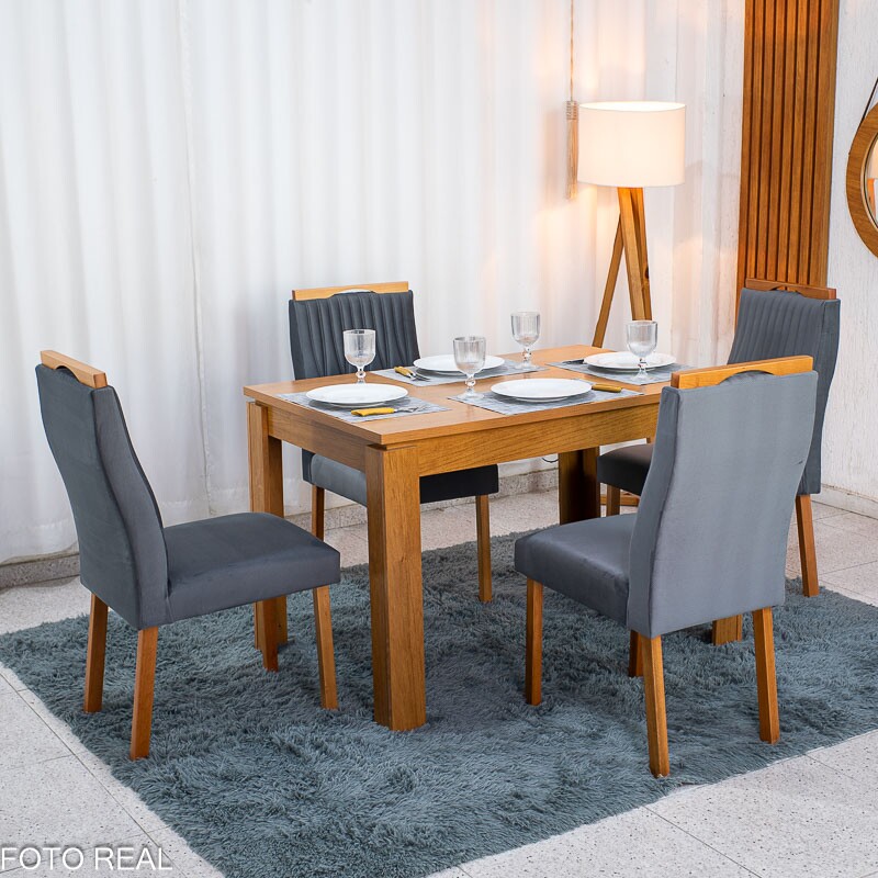 Mesa Athenas 120x80 Amêndoa Clean Tampo Maciço - Móveis Lopas + 4 Cad. Gênova Veludo Cinza 507 Madeira Entregue Montada - Art Assentos