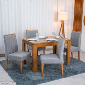 Mesa Athenas 120x80 Amêndoa Clean Tampo Maciço - Móveis Lopas + 4 Cad. Gabi Linho Cinza A Claro Madeira Maciça Entregue Montada - Bom Lar