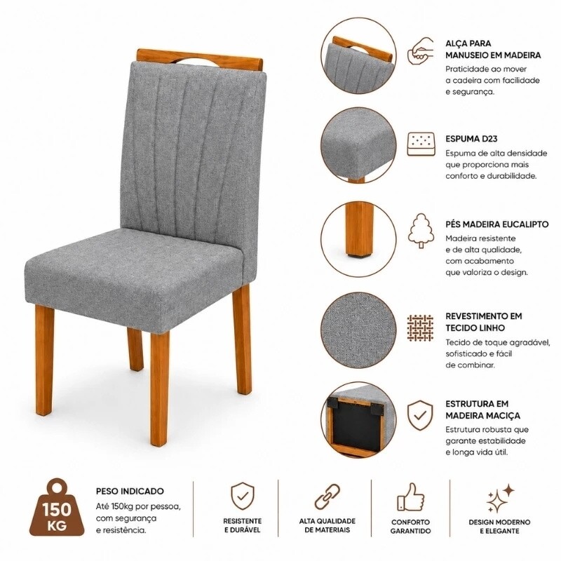 Mesa Athenas 120x80 Amêndoa Clean Tampo Maciço - Móveis Lopas + 4 Cad. Gabi Linho Cinza A Claro Madeira Maciça Entregue Montada - Bom Lar - Imagem 9