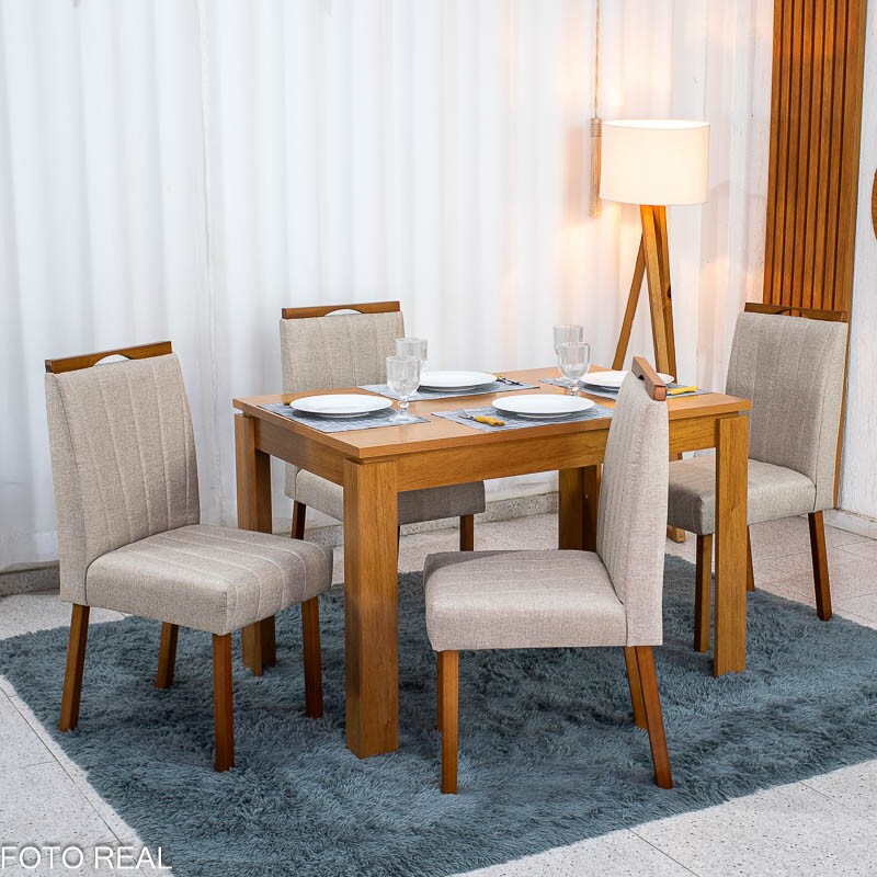 Mesa Athenas 120x80 Amêndoa Clean Tampo Maciço - Móveis Lopas + 4 Cad. Isabela Linho Bege Madeira Maciça Entregue Montada - KM Decor - Imagem 3