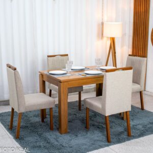 Mesa Athenas 120x80 Amêndoa Clean Tampo Maciço - Móveis Lopas + 4 Cad. Isabela Linho Bege Madeira Maciça Entregue Montada - KM Decor