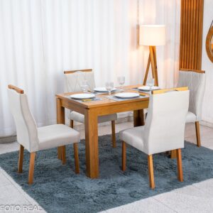 Mesa Athenas 120x80 Amêndoa Clean Tampo Maciço - Móveis Lopas + 4 Cad. Lisboa Veludo Bege 512 Madeira Entregue Montada - Art Assento