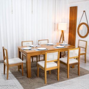 Mesa Athenas 180x90 Amêndoa Clean Tampo Maciço - Móveis Lopas + 6 Cad. Cantiga Boucle Bege Madeira Maciça - Bechara