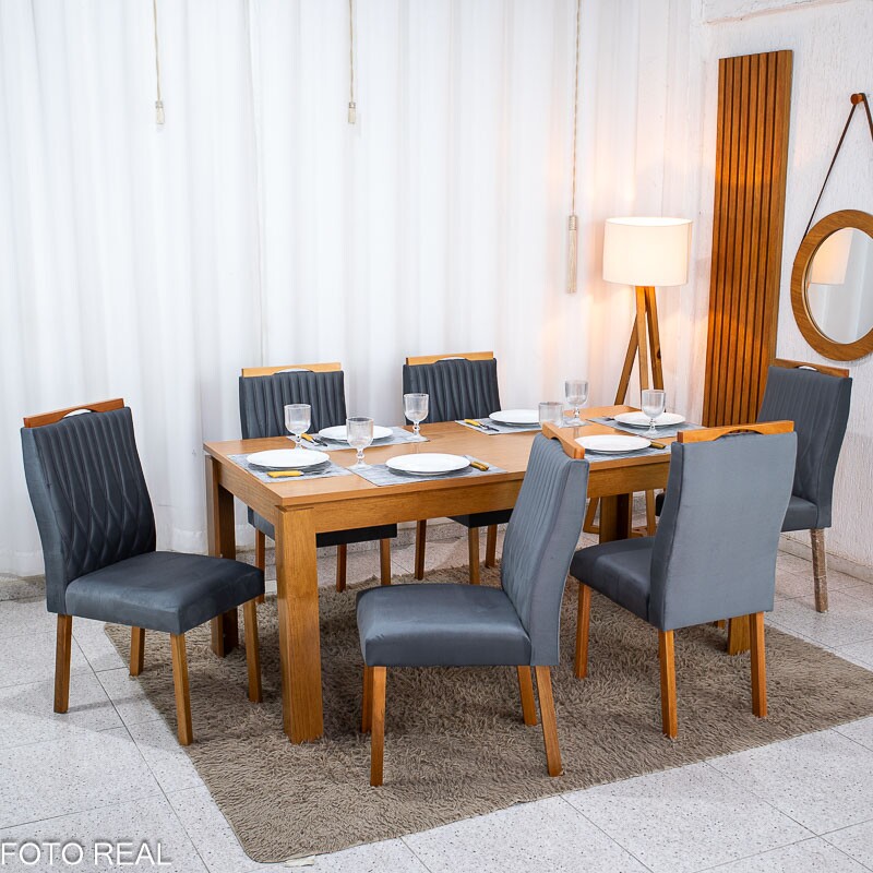 Mesa Athenas 180x90 Amêndoa Clean Tampo Maciço - Móveis Lopas + 6 Cad. Gênova Veludo Cinza 507 Madeira Entregue Montada - Art Assentos - Imagem 4