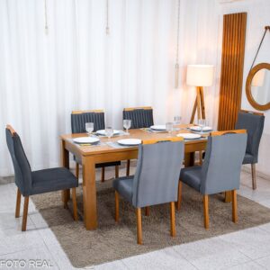 Mesa Athenas 180x90 Amêndoa Clean Tampo Maciço - Móveis Lopas + 6 Cad. Gênova Veludo Cinza 507 Madeira Entregue Montada - Art Assentos