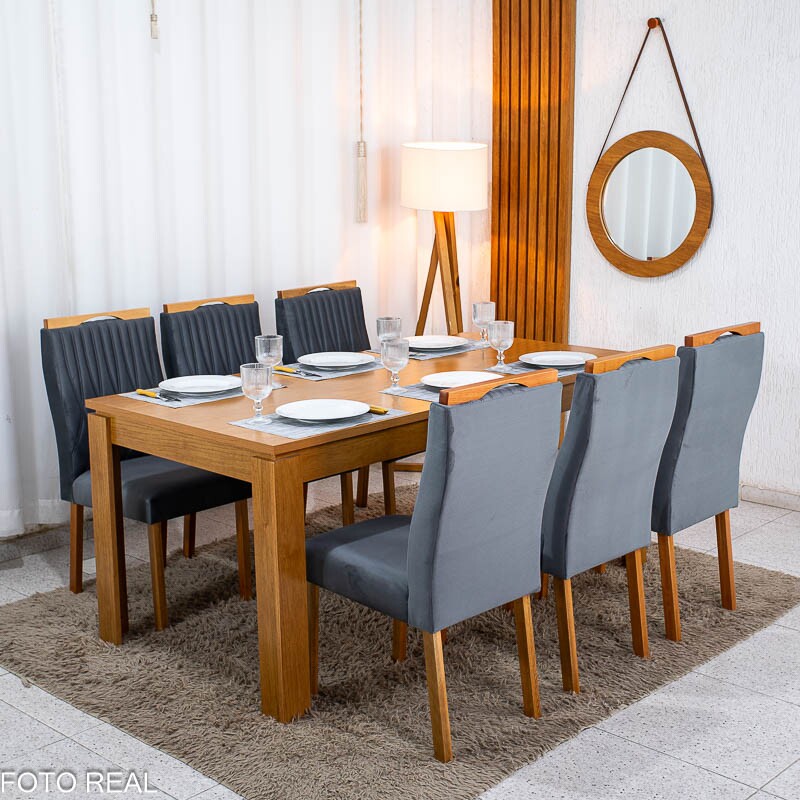 Mesa Athenas 180x90 Amêndoa Clean Tampo Maciço - Móveis Lopas + 6 Cad. Gênova Veludo Cinza 507 Madeira Entregue Montada - Art Assentos - Imagem 5