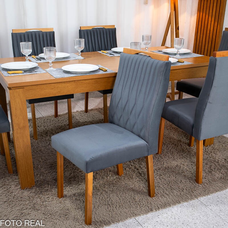 Mesa Athenas 180x90 Amêndoa Clean Tampo Maciço - Móveis Lopas + 6 Cad. Gênova Veludo Cinza 507 Madeira Entregue Montada - Art Assentos - Imagem 6