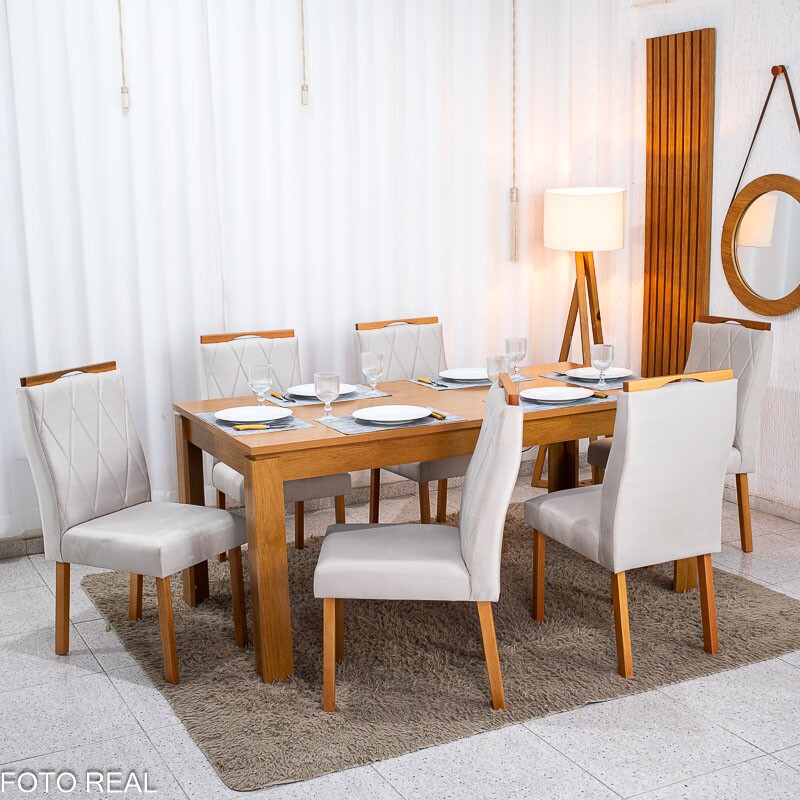 Mesa Athenas 180x90 Amêndoa Clean Tampo Maciço - Móveis Lopas + 6 Cad. Lisboa Veludo Bege 512 Madeira Entregue Montada - Art Assento - Imagem 4