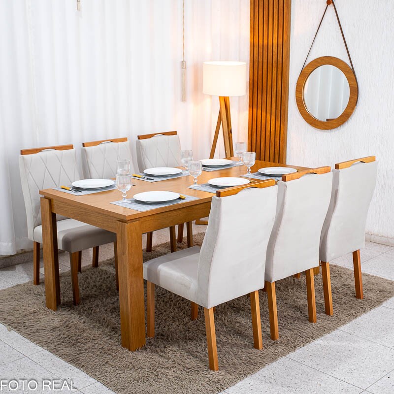 Mesa Athenas 180x90 Amêndoa Clean Tampo Maciço - Móveis Lopas + 6 Cad. Lisboa Veludo Bege 512 Madeira Entregue Montada - Art Assento