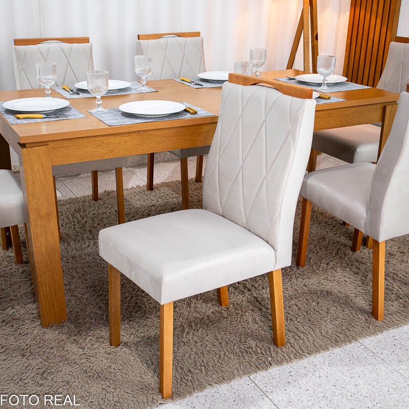 Mesa Athenas 180x90 Amêndoa Clean Tampo Maciço - Móveis Lopas + 6 Cad. Lisboa Veludo Bege 512 Madeira Entregue Montada - Art Assento - Imagem 6