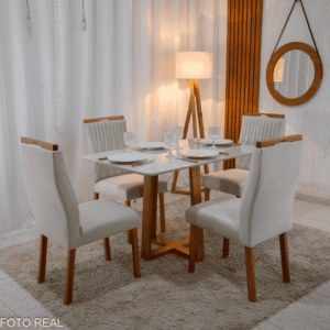 Mesa Bali 120×80 Vidro Off/Base Madeira - Minas Plac + 4 Cad. Gênova Veludo Bege 512 Madeira Art Assento - Entregue Montada