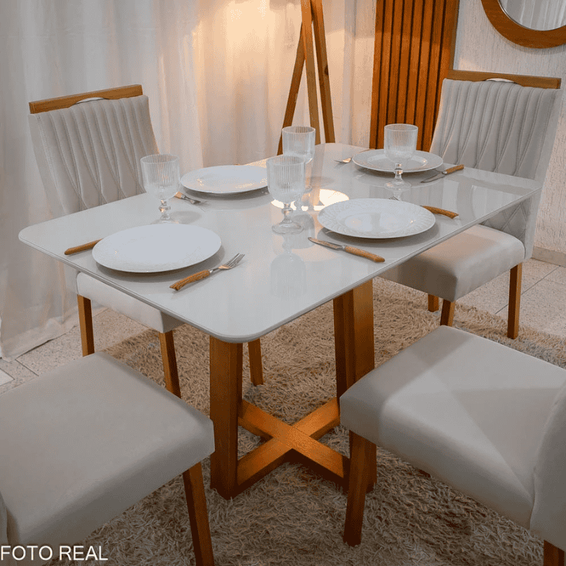 Mesa Bali 120×80 Vidro Off/Base Madeira - Minas Plac + 4 Cad. Gênova Veludo Bege 512 Madeira Art Assento - Entregue Montada - Imagem 3