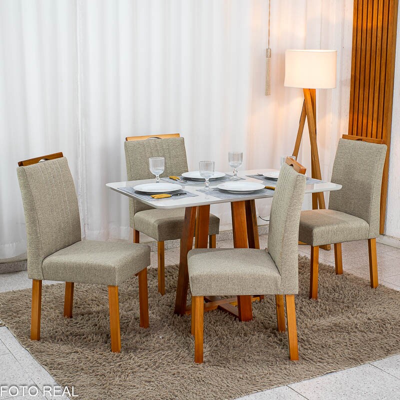 Mesa de Jantar Bali 120×80 Vidro Off/Base Madeira + 4 Cad. Atlanta Linho Bege Cru Madeira Minas Plac - Entregue Montada