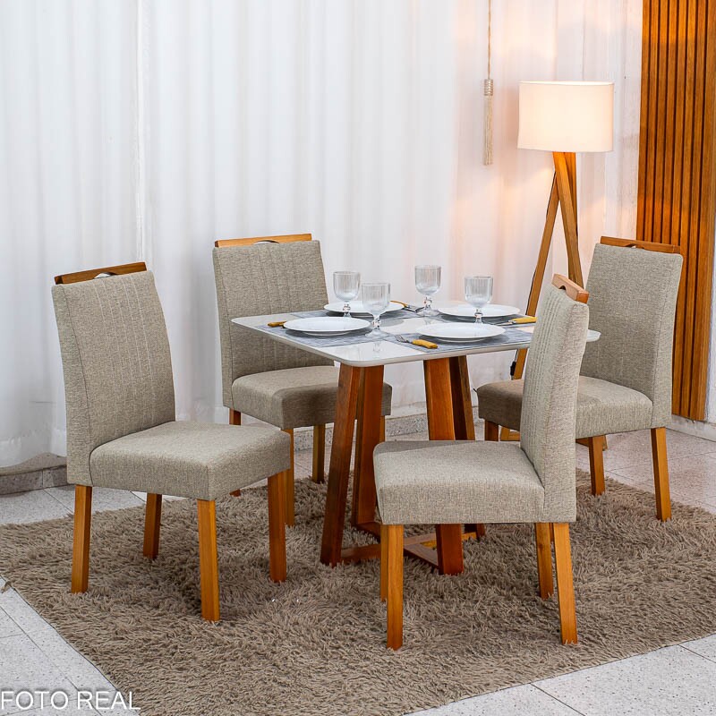 Mesa de Jantar Bali 90×90 Vidro Off/Base Madeira + 4 Cad. Atlanta Linho Bege Cru Madeira Minas Plac - Entregue Montada
