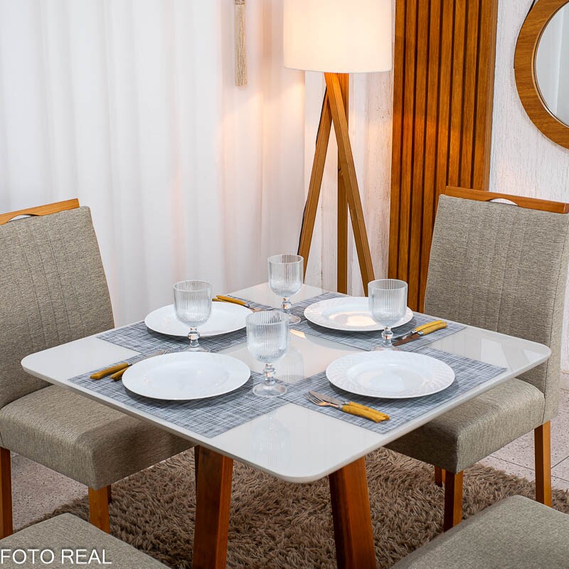 Mesa de Jantar Bali 90×90 Vidro Off/Base Madeira + 4 Cad. Atlanta Linho Bege Cru Madeira Minas Plac - Entregue Montada - Imagem 3