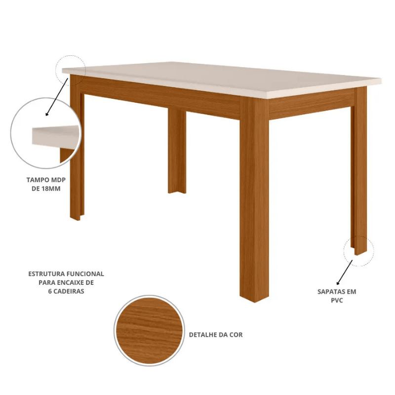 Mesa de Jantar Bellagio 150x80 Freijó UV/Tampo Off White + 6 Cad. Milano Freijó UV/Savana - Poliman - Imagem 3