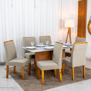 Mesa de Jantar Moscou 160x80 Vidro Off/Base Cinamomo + 6 Cad. Atlanta Linho Bege Cru Madeira Minas Plac - Entregue Montada