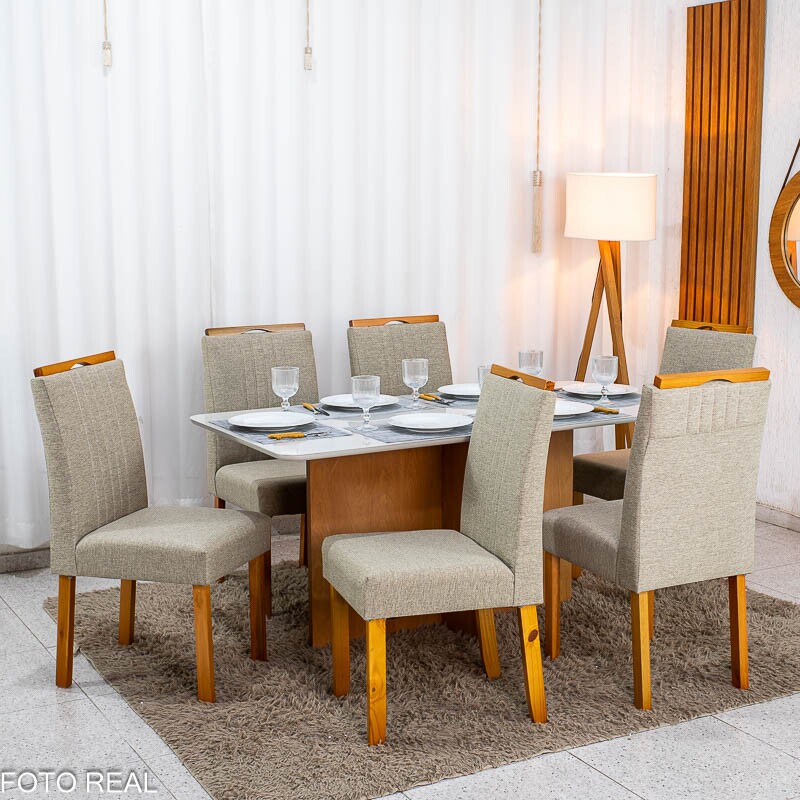 Mesa de Jantar Moscou 160x80 Vidro Off/Base Cinamomo + 6 Cad. Atlanta Linho Bege Cru Madeira Minas Plac - Entregue Montada