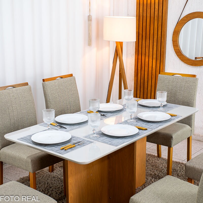 Mesa de Jantar Moscou 160x80 Vidro Off/Base Cinamomo + 6 Cad. Atlanta Linho Bege Cru Madeira Minas Plac - Entregue Montada - Imagem 3
