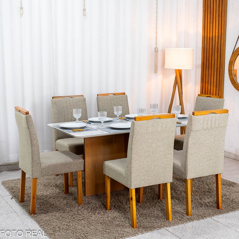 Mesa de Jantar Moscou 160x80 Vidro Off/Base Cinamomo + 6 Cad. Atlanta Linho Bege Cru Madeira Minas Plac - Entregue Montada - Imagem 4
